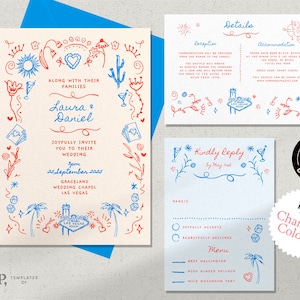 WEDDING INVITE SET Template Las Vegas | wedding party invitation | colorful hand drawn illustrations | whimsical handwritten |0033