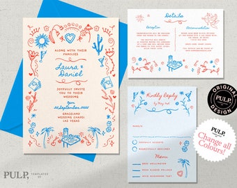 WEDDING INVITE SET Template Las Vegas | wedding party invitation | colorful hand drawn illustrations | whimsical handwritten |0033