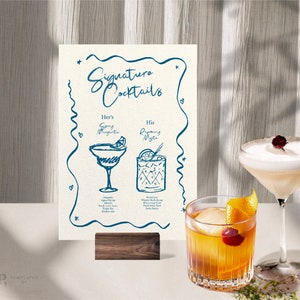 SIGNATURE DRINKS SIGN Template | Custom Cocktail | Hand drawn & Handwritten illustrated Whimsical Wedding Menu| Wavy Edge | Printable | 0041