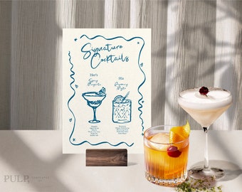 SIGNATURE DRINKS SIGN Template | Custom Cocktail Menu | Hand drawn & Handwritten illustrated | Wavy Edge | Printable | 0041 b