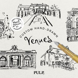 May include: Hand-drawn sketches of various buildings, including a stately home and a classical building, are featured in this image. The text "Custom Hand-Drawn Venues" is displayed, along with the words "Only Ever Hand Drawn By Humans" in a circular design.