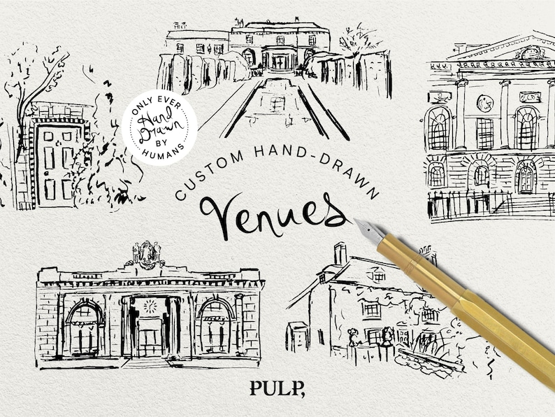 May include: Hand-drawn sketches of various buildings, including a stately home and a classical building, are featured in this image. The text "Custom Hand-Drawn Venues" is displayed, along with the words "Only Ever Hand Drawn By Humans" in a circular design.