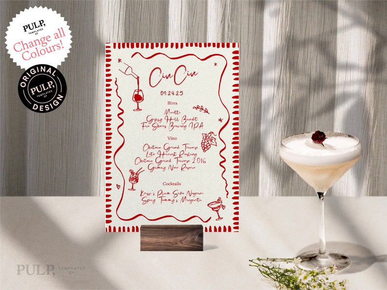 BAR DRINKS MENU Template Hand drawn & Handwritten Italian scribble illustrated Whimsical Wedding Menu FunkyPrintable Digital 0041 image 1