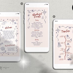 Plantilla electrónica de BIENVENIDA DE BODA + CRONOGRAMA / itinerario de detalles de la boda / orden de eventos / ilustraciones celestiales / dibujadas a mano / 0062