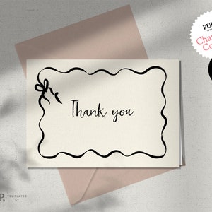 Plantilla de TARJETA DE GRACIAS / marco de cinta clásico romántico con lazo y nota de agradecimiento de boda manuscrita / descarga imprimible / 0021