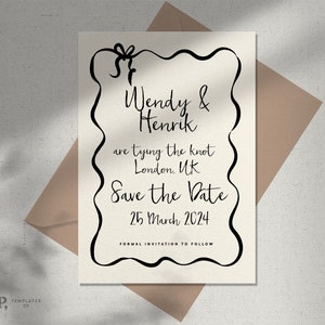 SAVE THE DATE | retro 50s scallop wavy edge wedding invite with black ribbon bow | handwritten | digital editable template invitation | 0021