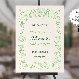 BABY SHOWER welcome sign template | boy, girl, gender neutral, baby shower invitation | cute hand drawn border + handwritten | green | 0033