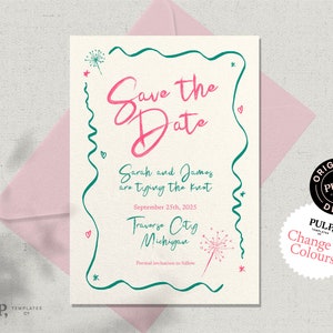 SAVE THE DATE template | hand drawn illustrations with a whimsical wavy border | 0041