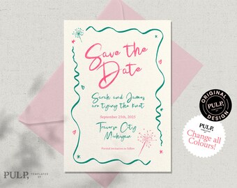 May include: Save the Date card with a green and pink design. The text reads "Save the Date" in pink script font, followed by "Sarah and James are tying the knot" in black text. The date is September 25th, 2025, and the location is Traverse City, Michigan.