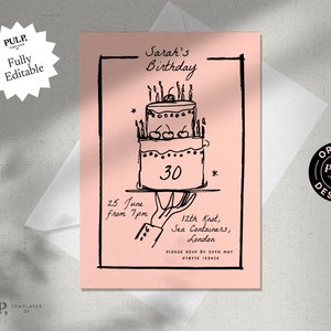BIRTHDAY INVITE TEMPLATE | 18th 21st 30th 40th 50th | retro hand drawn | quirky funky whimsical illustration | handwritten | cake | 0024