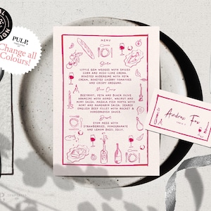 MENÚ + TARJETA DE SITIO / Dibujado a mano y escrito a mano / Garabato ilustrado caprichoso boda, cumpleaños, menú de comida de despedida de soltera / 0035