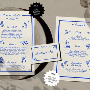 double sided FOOD & DRINKS MENU template | place card settings | quirky funky whimsical | hand drawn, handwritten | colorful | 0024