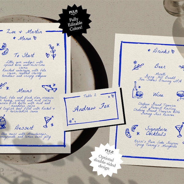 double sided FOOD & DRINKS MENU template | place card settings | quirky funky whimsical | hand drawn, handwritten | colorful | 0024