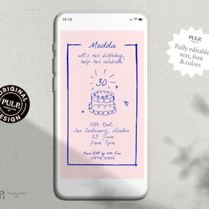 May include: A pink and blue digital birthday invitation with the text "Maddie It's her birthday, help her celebrate! 30" and a cartoon drawing of a cake. The invitation includes the date, time, and location of the party.