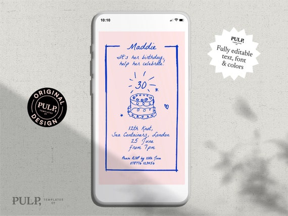 BIRTHDAY INVITE TEMPLATE | electronic text phone invite 18th 21st 30th 40th 50th | hand drawn trendy scribble cake illustration |0024