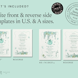 May include: Two wedding invitation templates with a whimsical illustration of a hanging globe with floral accents. The front of the invitation features the text "Along with their families, Maddie & Ryan invite you to celebrate their marriage." The back of the invitation features the text "Ceremony & Reception". The templates are available in US 5x7 and A5 (14.8x21 cm) sizes.