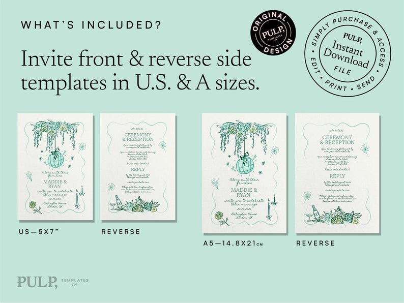 May include: Two wedding invitation templates with a whimsical illustration of a hanging globe with floral accents. The front of the invitation features the text "Along with their families, Maddie & Ryan invite you to celebrate their marriage." The back of the invitation features the text "Ceremony & Reception". The templates are available in US 5x7 and A5 (14.8x21 cm) sizes.