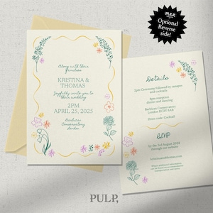 WEDDING INVITATION TEMPLATE | double sided | hand drawn wavy wildflower garden illustrations & handwritten | colorful, whimsical | 0053