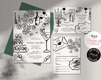 WEDDING INVITATION SET template | hand drawn still life dinner setting and cake illustrations | handwritten | fun and whimsical  | 0054