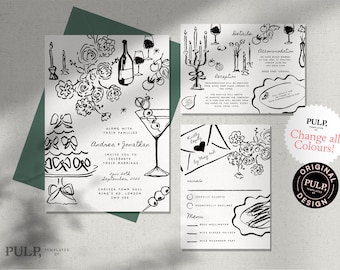 WEDDING INVITATION SET template | hand drawn still life dinner setting and cake illustrations | handwritten | fun and whimsical  | 0054