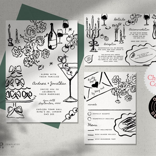 Modèle pour faire-part de mariage | Illustrations de cadre de dîner et de gâteaux de nature morte dessinées à la main | manuscrite | amusant et fantaisiste | 0054