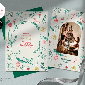 Modèle de CARTE DE VACANCES PHOTO | Illustrations de Noël rétro hivernales fantaisistes dessinées à la main | 0036