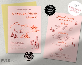 MOUNTAIN BACHELORETTE WEEKEND invite template | hens weekend | camp bachelorette | funky, colorful, hand drawn invitation | 0024