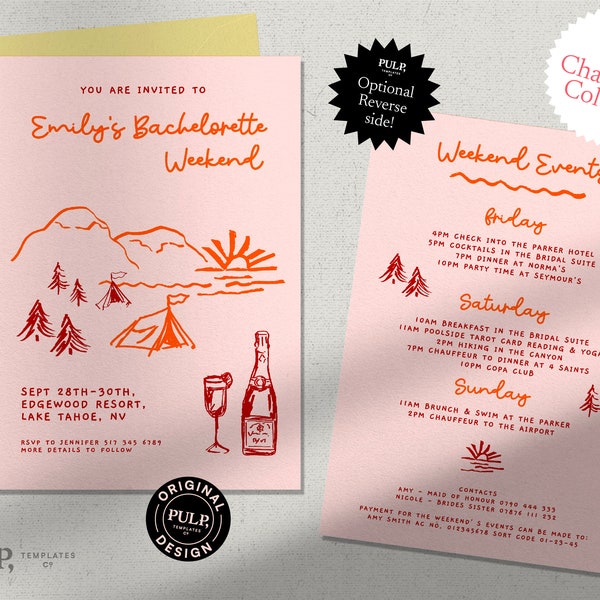 MOUNTAIN BACHELORETTE WEEKEND invite template | hens weekend | camp bachelorette | funky, colorful, hand drawn invitation | 0024