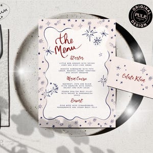 Modèle Céleste MENU + PLACE CARD |  Menu de fête de mariage fantaisiste illustré par un doodle manuscrit et dessiné à la main | Impression géniale | 0062