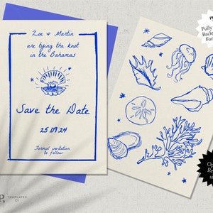 GUARDAR LA FECHA plantilla de invitación / boda en la playa / escrita a mano y dibujada a mano / boda de destino / ilustración de garabatos / colorido / 0024
