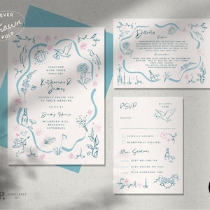 HOCHZEIT INVITATION SET Vorlage | handgezeichnete florale Illustrationen & handgeschrieben | bunt, witzig, fröhlich, skurril | 0056
