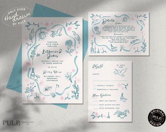 WEDDING INVITATION SET template | hand drawn floral doodle illustrations & handwritten | fun, colorful, fun whimsical  | 0056
