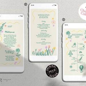 BIENVENIDA DE BODAS electrónica + plantilla TIMELINE / texto / detalles de la boda itinerario / orden de eventos / flores silvestres onduladas / dibujado a mano / 0053