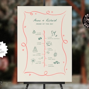 ORDER of EVENTS VORLAGE | Hochzeit Timeline Zeichen | handgeschriebene und handgezeichnete illustrierte Symbole | Ordnung des Tages | bunt |0030