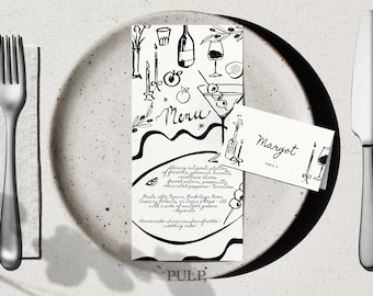 May include: A black and white illustrated menu and place card set on a speckled plate, with a fork and knife. The menu features drawings of food and drinks, with the name "Margot" on the place card.