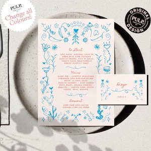 MENU + Modelo de CARTÃO DE LUGAR | Rabisco desenhado à mão e manuscrito ilustrado Menu de casamento mexicano | Funky azul para impressão digital | 0033