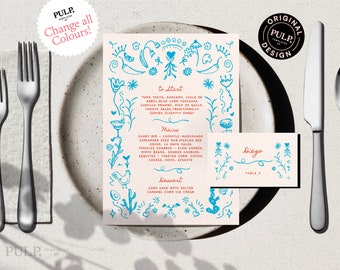 May include: A printable wedding menu template with a whimsical, hand-drawn design featuring blue and red accents. The menu lists the courses: "To Start", "Mains", and "Dessert". The text includes the names of the dishes, such as "Tuna Tosta" and "Short Rib".