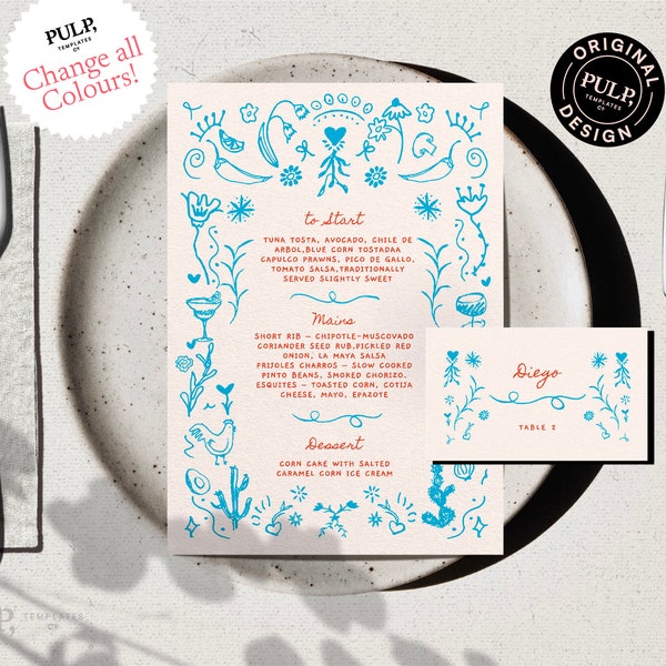 MENU + PLACE CARD Template | Hand drawn & Handwritten scribble illustrated Mexican Wedding Menu | Funky Blue Printable Digital | 0033