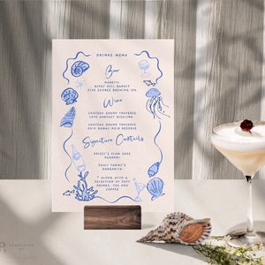 BAR + Plantilla de MENÚ DE BEBIDAS / Dibujado a mano y garabato escrito a mano ilustrado / Destino de playa Boda caprichosa / Cóctel personalizado / 0056