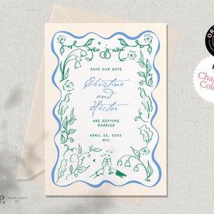 SAVE THE DATE template | hand drawn floral scribble illustrations, handwritten invite | funky, colorful, fun whimsical invitation | 0046