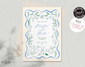 SAVE THE DATE template | hand drawn floral scribble illustrations, handwritten invite | funky, colorful, fun whimsical invitation | 0046