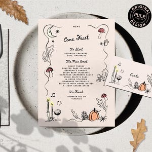 MENU + MODELO DE CARTÃO DE LUGAR | Ação de Graças desenhada e escrita à mão, outono, casamento de outono | ilustração de comida de festa caprichosa | funky | 0059