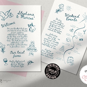 CARTA DE BIENVENIDA PARA BODAS + plantilla de cronograma / itinerario / garabato divertido y caprichoso / eventos de fin de semana / ilustración dibujada a mano / 0057