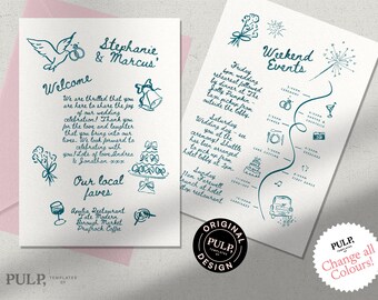 May include: A wedding invitation suite with a white background and teal blue text and illustrations. The left side of the card features a welcome message for Stephanie and Marcus's wedding. The right side of the card features a timeline of events for the wedding weekend, including a rehearsal dinner, wedding ceremony, and a farewell brunch.