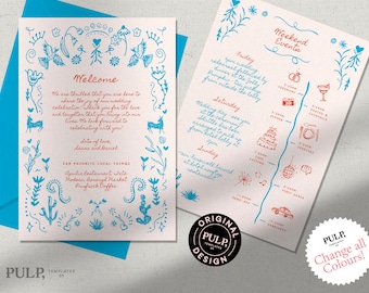 May include: A wedding invitation with a blue and white floral border. The text reads "Welcome" and includes details about the wedding weekend events. The events include a rehearsal dinner, wedding ceremony, reception, and a farewell brunch.