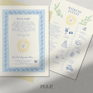 Pode incluir: Conjunto de convites de casamento com uma mensagem de boas-vindas e um cronograma de eventos. O convite apresenta uma borda azul ondulada e uma ilustração de sol amarelo. O cronograma inclui ícones para jantar, bolo e dança. O texto inclui "Welcome!" e "Weekend Events."