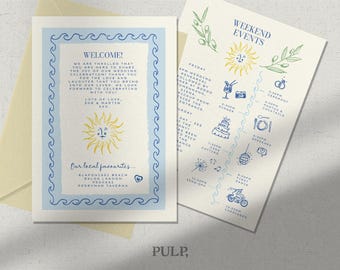 May include: Wedding invitation suite with a welcome message and event timeline. The invitation features a blue wave border and a yellow sun illustration. The event schedule includes icons for dinner, cake, and dancing. The text includes "Welcome!" and "Weekend Events."