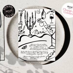 MENU TEMPLATE | Hand drawn & Handwritten scribble illustrated Whimsical Dinner Party, Funky, Bold Wedding Menu | 0054