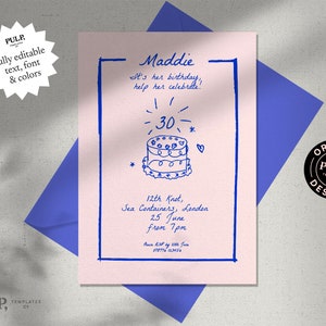 PLANTILLA DE INVITACIÓN DE CUMPLEAÑOS / 18 21 30 40 50 cumpleaños / escrito a mano / dibujado a mano / ilustración de garabatos de moda / pastel de alegría / 0024