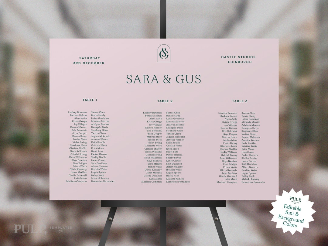 SEATING PLAN TEMPLATE | Minimalist Monogram Banquet Style Seating Chart ...